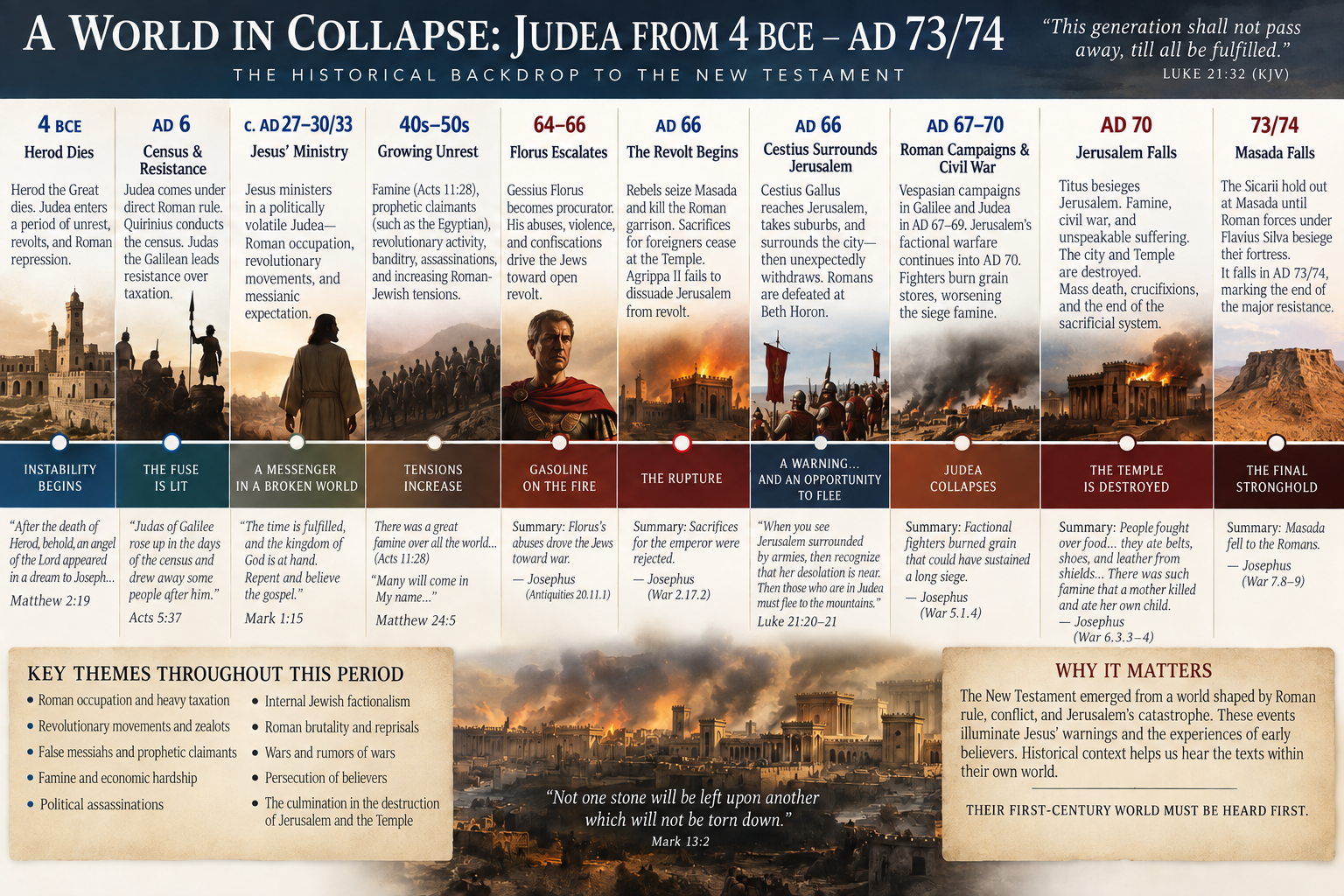 Historical timeline of Judea from 4 BCE to AD 73/74: Roman rule, Jesus’ ministry, the Jewish revolt, Jerusalem’s siege and Temple destruction, and Masada. Corrected source references and summaries accompany the events.